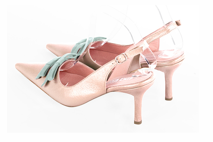Women's powder pink and aquamarine blue elegant slingback heels, with a bow on the front. Pointed toe. High slim heel - Rear view
